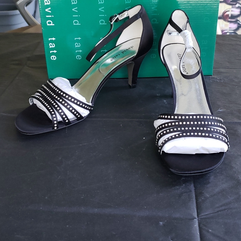 NIB , David Tate, Balck Satin Sling Back Heels 13